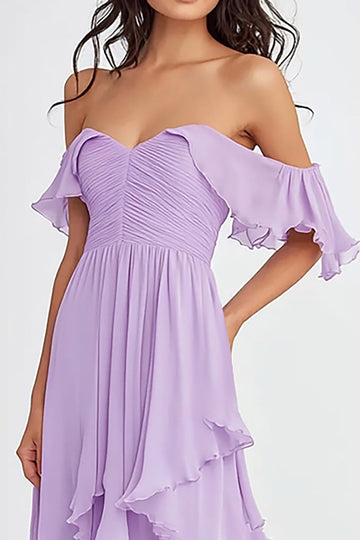 Lilac Ruffled Pleated Off the Shoulder A Line Formal Dress